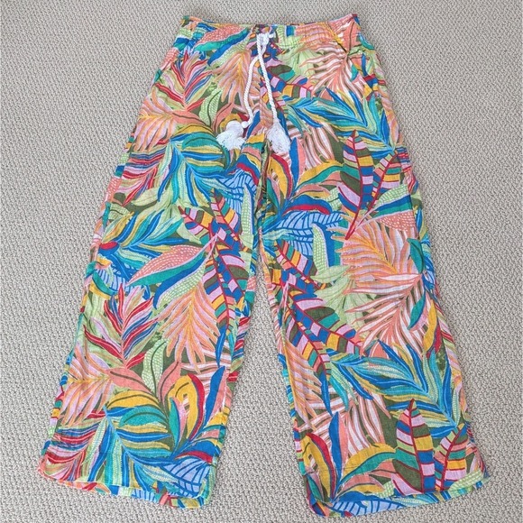 C&C California 100% Linen Wide‎ Leg Cropped Pants Size XS Pockets Tropical Beach - Picture 1 of 5